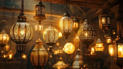 A captivating display of antique Islamic lanterns with intricate designs and warm glowing lights