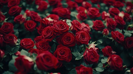 Abundance of Velvet Red Roses in Full Bloom Capturing Timeless Romance and Floral Elegance with a Dark Green Background
