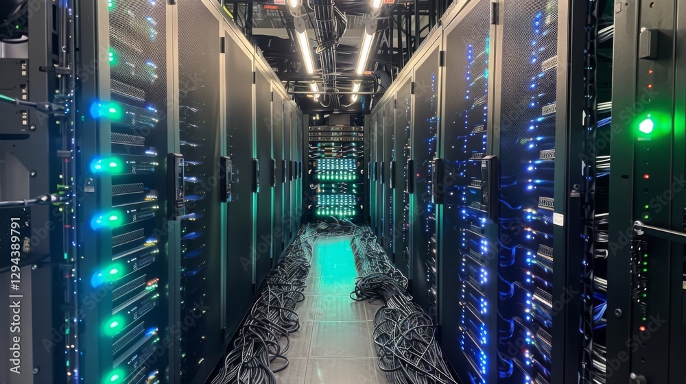 Poster Long narrow passage in a data center showing rows of illuminated servers and a network of tangled cables, creating an active and high tech environment at night.