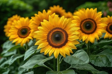 Fototapeta premium Closeup Of Yellow Sunflowers With Dew Drops