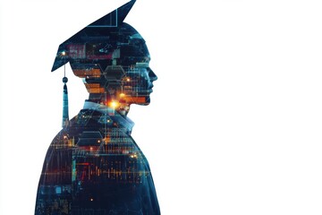 double-exposure silhouette of a figure wearing a cap and gown, with digital graphs and data visualizations in the background, symbolizing integration of advanced technology in education Generative AI