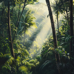 Naklejka premium A lush rainforest canopy with dense tropical greenery, morning mist rising from the trees, soft golden sunlight filtering through, rich biodiversity, high-detailed realism. 