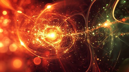 Obraz premium Abstract Fiery Orange and Green Energy Vortex Swirling Dynamic Light Trails Glowing Particles Cosmic Nebula Space Background Design Illustration fire 