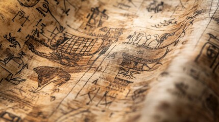 Fototapeta premium Ancient script and boat drawing on weathered papyrus.