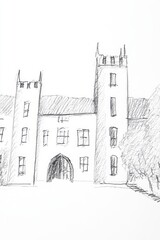 Obraz premium Pencil Sketch Of A Historic Stone Castle With Archway Entrance,Historic Stone Castle Sketch With Archway Entrance,Pencil Sketch Of Historic Stone Castle Entrance,Historic Castle Entrance Sketch With