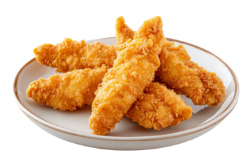 Golden fried chicken strips on plate transparent background png delicious food bright environment top view concept