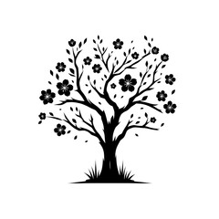 Obraz premium Silhouette of a blossoming tree with ornate branches and flowers, standing on a grassy base.