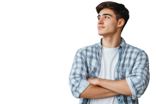 Young man in plaid shirt posing with transparency background png format white space casual environment