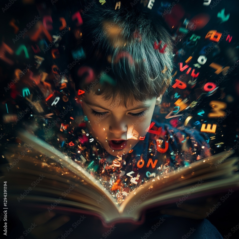 Aufkleber a boy enraptured by reading: letters and light overflow from the pages of an enchanted book