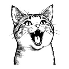 Obraz premium Cat with Shocked Expression Exaggerated Open Mouth in Black and White Outline Line Art Drawing