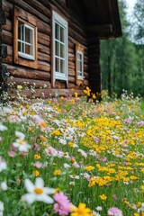 Obraz premium Field of Wild Flowers in Front of Log Cabin