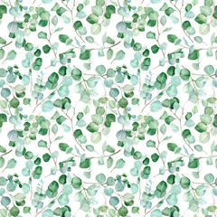 Seamless pattern with eucalyptus leaves on a white background. Vintage watercolor illustration with tropical leaves. Design for textile, wallpaper, wrapping, packaging, scrapbooking paper.