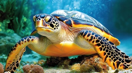 Fototapeta premium Majestic Sea Turtle in Vibrant Coral Reef