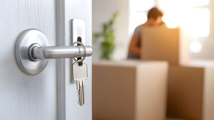 Bright and cozy room filled with packing boxes door slightly open with new home keys in the lock couple embracing in the background joyful atmosphere of moving day into a new home