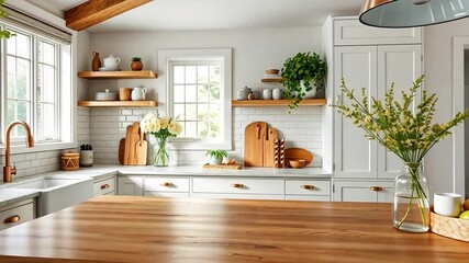 A modern farmhouse-style kitchen with wooden countertops, white cabinets, and natural sunlight pouring in.