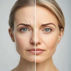Comparison of woman face before and after retouch. Before and after retouching.