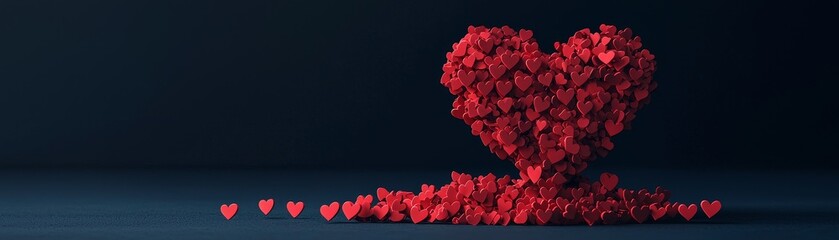 A vibrant heart made of red petals stands prominently, with smaller hearts scattered around, creating a romantic and affectionate atmosphere.
