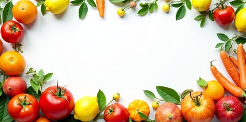 Colorful fruit and vegetable border with oranges, lemons, tomatoes, carrots, and apples, diet, organic