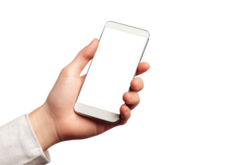 Smartphone in hand with transparent background png format for white context ideal for digital use