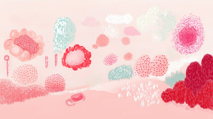 2D illustration of Soft pastel landscape with abstract flowers and shapes in pink hues