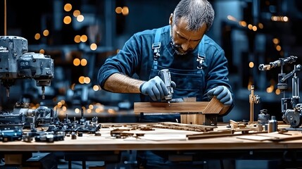 Close up shot showcasing the skilled hands of an artisan meticulously carving intricate patterns on a wooden surface  The image captures the fine details of wood shavings and the warm