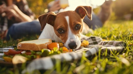 A picnic scene where a dog is sniffing at a sandwich in a cute and funny way