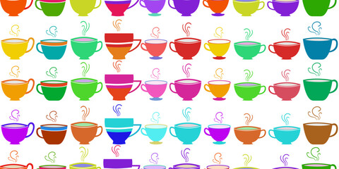 brightly colored coffee tea cups of different shapes seamless pattern on white background for fabric, wallpaper, packaging, kitchen decor and digital web design