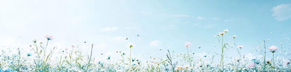 Soft, Gentle Wildflower Meadow, Botanical Illustration, Pastel Aesthetic, Dusty Blue Sky, Summer Day
