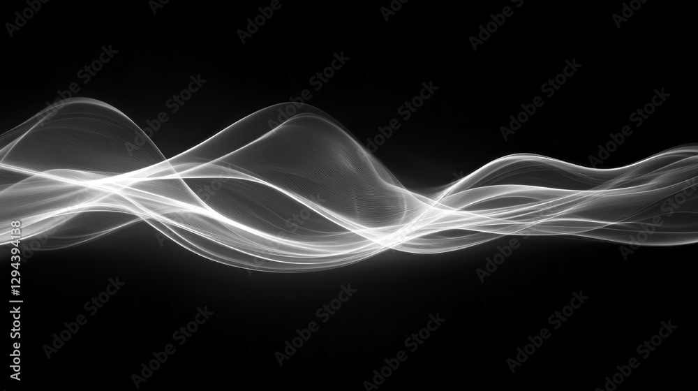 Poster Elegant waves of light intertwine in a fluid dance against a black backdrop, creating a mesmerizing visual display that evokes a sense of tranquility and movement
