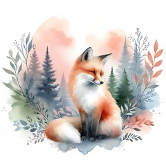 Fototapeta premium Watercolor fox in a serene forest scene.