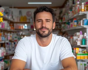 Fototapeta premium Confident Pharmacist Posing in Well-Stocked Pharmacy