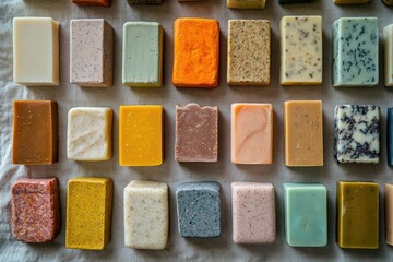 Fototapeta premium A collection of artisan handcrafted soaps, each bar unique in color and texture.