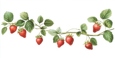 Red Berries And Green Leaves On Vine Illustration and Design Elements for Backgrounds and Patterns in Summer Style Illustration Featuring Fruits and Vegetables with Organic Theme and Fresh Colors to