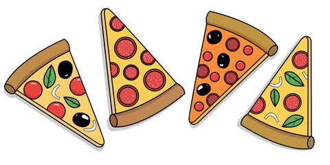 isolated elements pizza slices of different types black outline modern pastel colors for decor and web design illustrations
