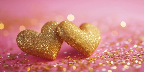 Fototapeta premium Gold Heart Shaped Cookies on Pink Surface