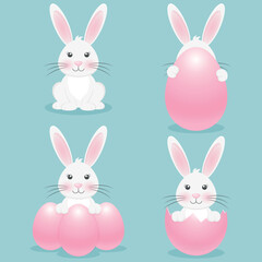 Collection of cute Easter rabbits with pink egg in pastel colours on light green background. Easter vector illustration.