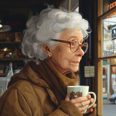 Elderly Woman Enjoying Steaming Coffee in Cozy Cafe