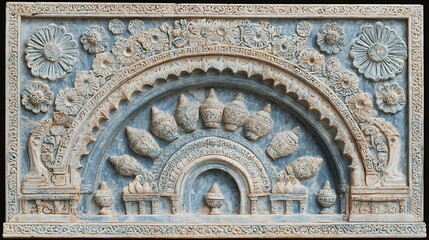 Obraz premium Intricate stone carving depicting floral and architectural motifs with detailed craftsmanship and rich textures.