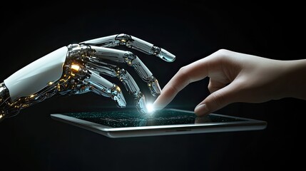 A human hand guiding a robotic one to write on a digital tablet.
