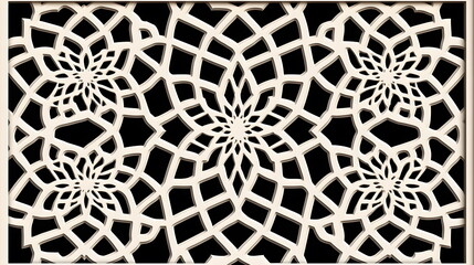 Intricate laser-cut wooden panel design featuring geometric patterns and floral motifs on a contrasting black background.