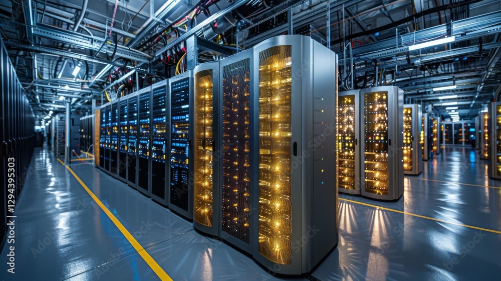 Poster A high tech data center featuring rows of illuminated servers housed in black cabinets. The setting showcases organized cabling, efficient cooling, and a bright interior.
