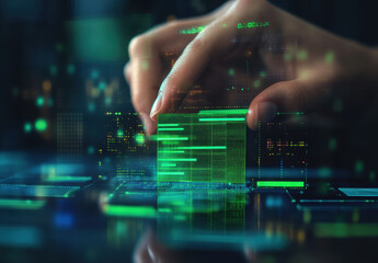 Hand Interacting with Glowing Green Digital Data Cube Hologram over Cityscape Background