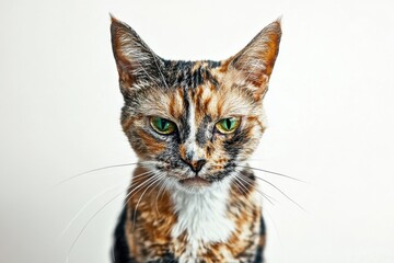 Cat Lovers A close-up of a calico cat with striking green eyes against a neutral background.