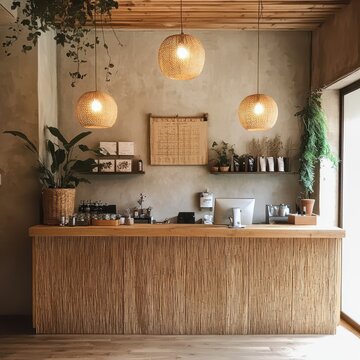A cafe interior displaying a cashier stand and decorative elements