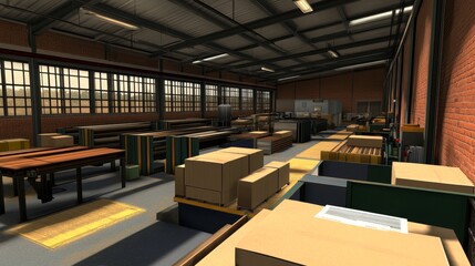 Interior view of a spacious warehouse with wooden tables and stacked boxes during daytime