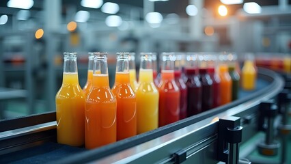 Modern Juice Factory with Conveyor Belts Transporting Filled Bottles for Packaging