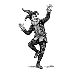 Medieval Jester Dancing with Hat Black and White Outline Line Art Drawing Engraving Style