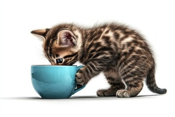 Cat Lovers A playful kitten curiously leans into a blue bowl, exploring its contents.