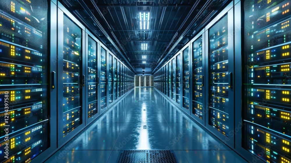 Poster Rows of server racks fill the corridor of a modern data center, with glowing lights indicating active equipment, all set in a well maintained facility.