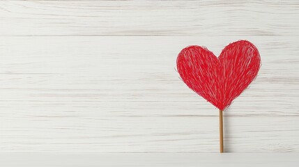 Red heart on a stick displayed against a soft background creating a whimsical and playful representation of love